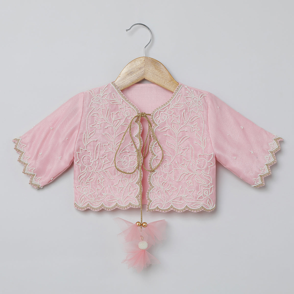 BYB PREMIUM BABY PINK AND WHITE GIRLS PEARL HAND EMBROIDERY RAW SILK AND ORGANZA ETHNIC DRESS WITH JACKET