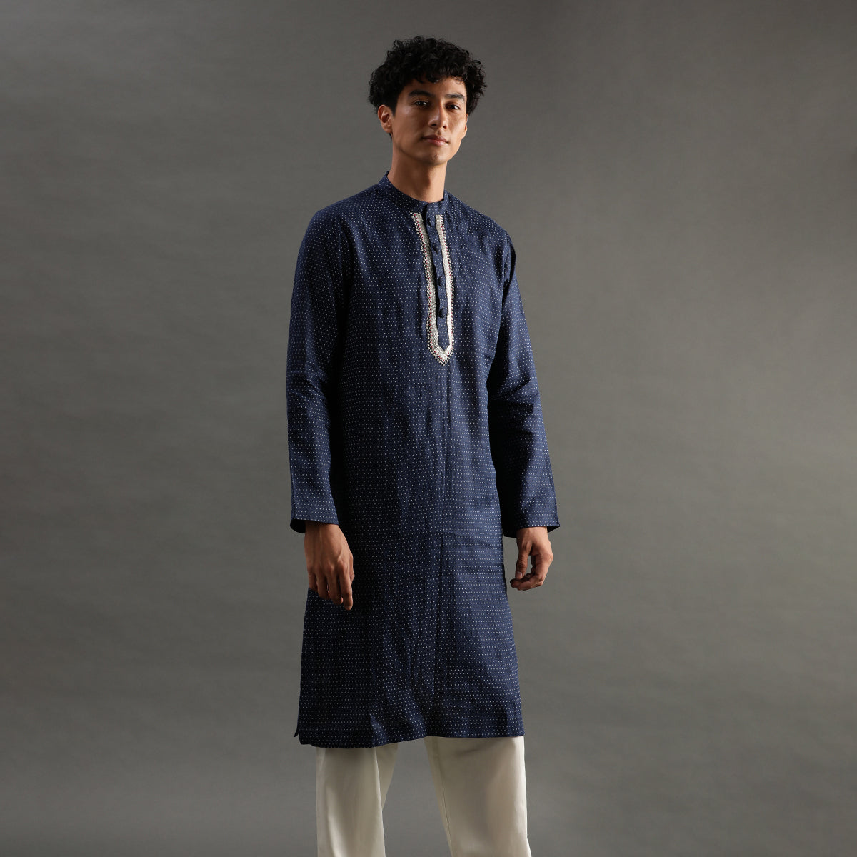 2Pcs Polka Dot Navy Linen Kurta Set