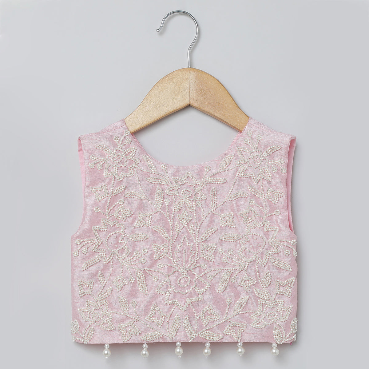 BYB PREMIUM BABY PINK AND WHITE GIRLS PEARL HAND EMBROIDERY  RAW SILK AND GORGETTE SKIRT AND TOP