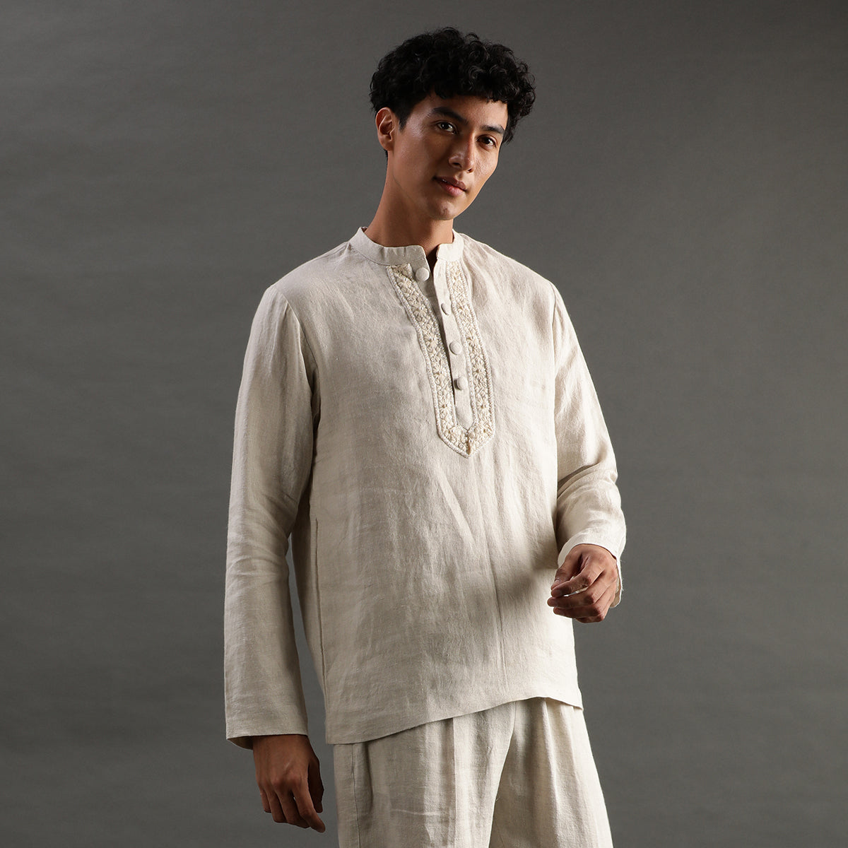 2Pcs Beige Linen Short Kurta Set