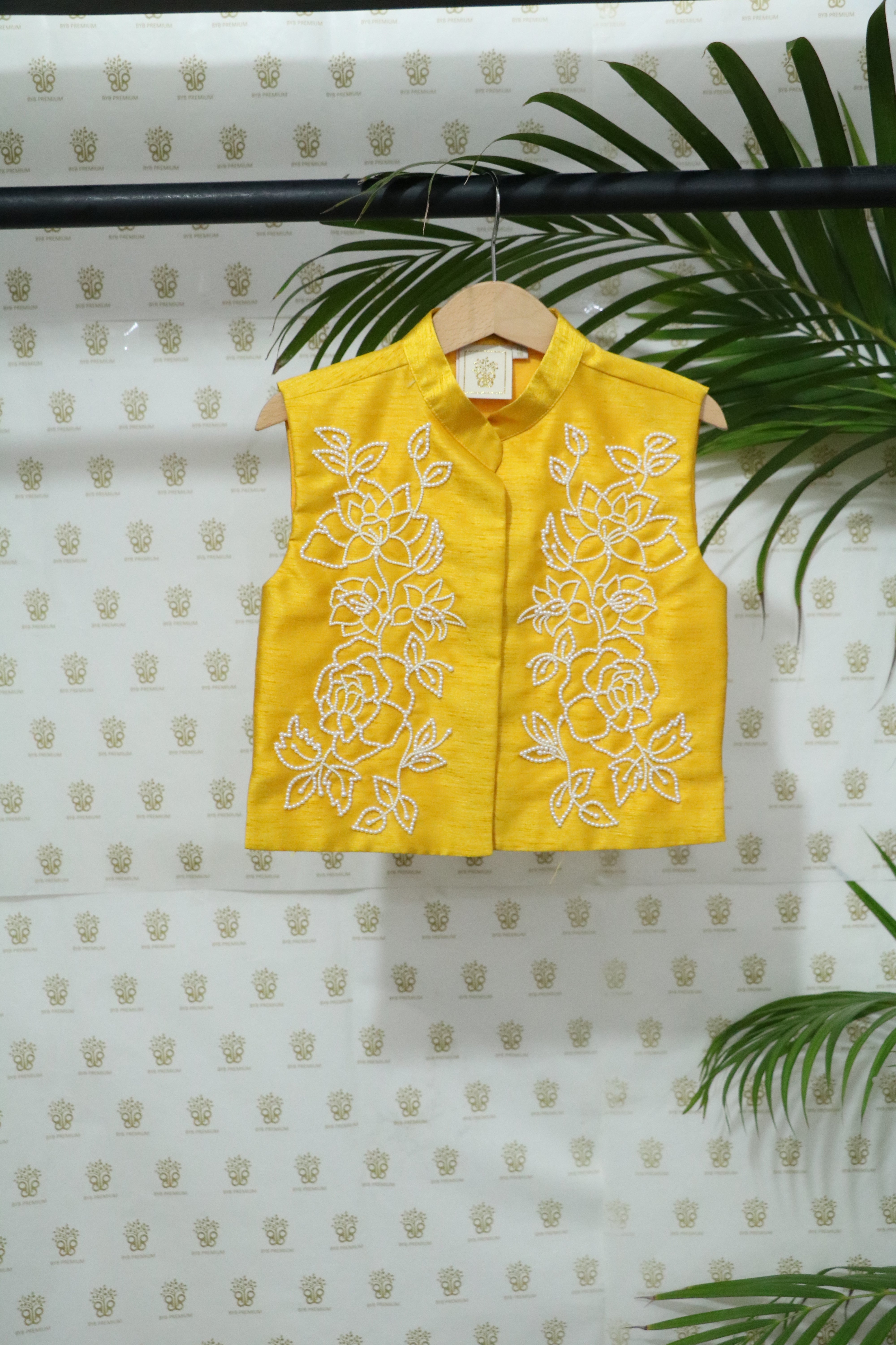 BYB PREMIUM YELLOW AND WHITE BOYS PEARL HAND EMBROIDERY  RAW SILK KURTA PYJAMA WITH JACKET