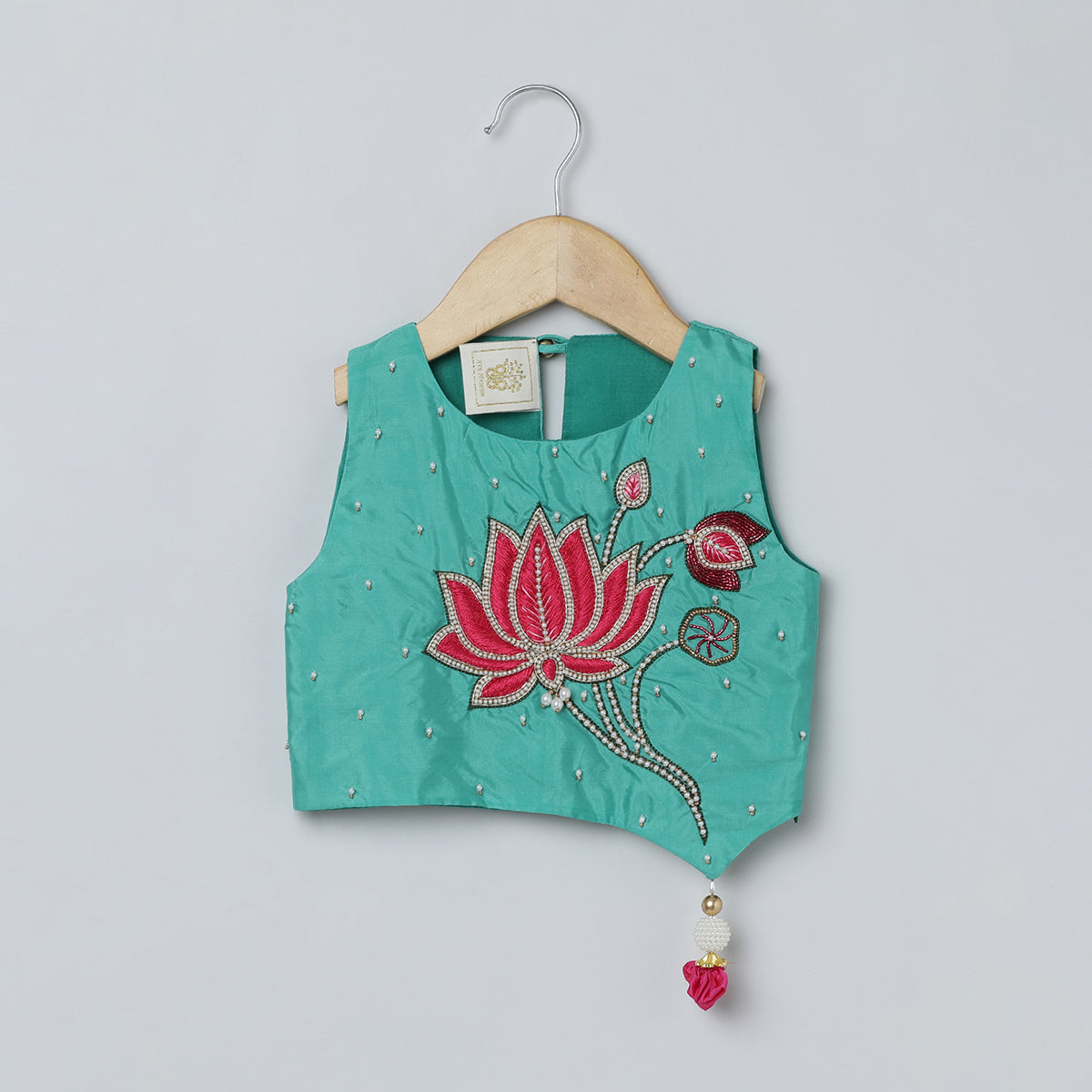 BYB PREMIUM GREEN AND PINK GIRLS LOTUS HAND PEARL AND BEADS EMBROIDERY BANGLORE SILK AND ORGANZA SKIRT AND TOP