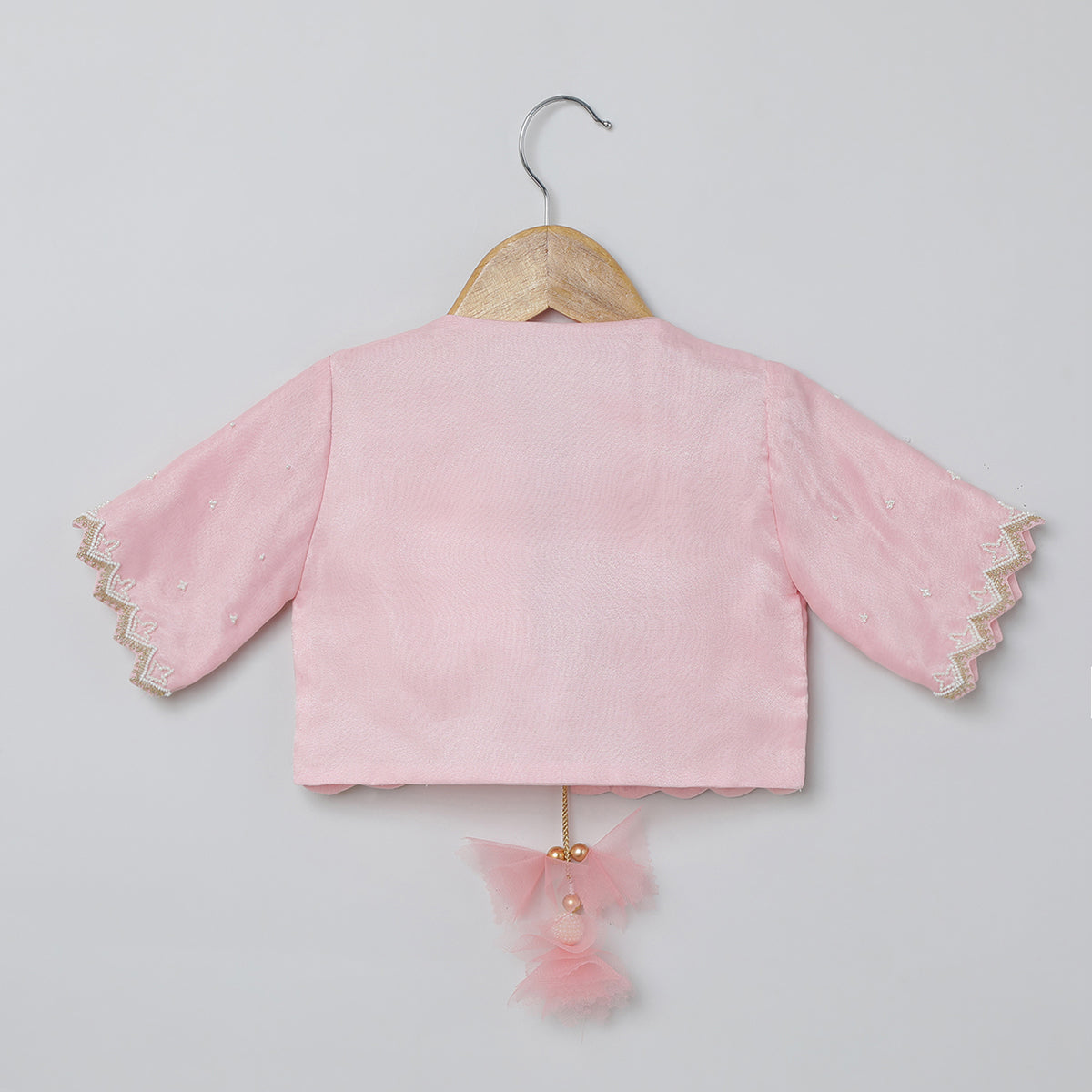 BYB PREMIUM BABY PINK AND WHITE GIRLS PEARL HAND EMBROIDERY RAW SILK AND ORGANZA ETHNIC DRESS WITH JACKET