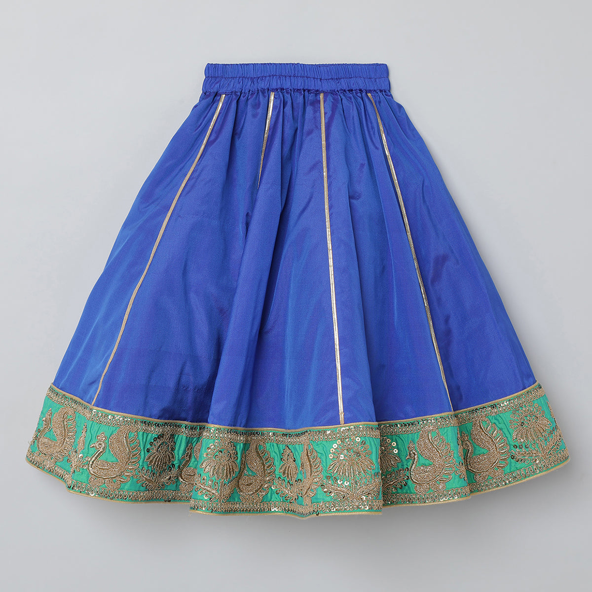 BYB PREMIUM ROYAL BLUE AND GREEN GIRLS EMBROIDERY AND LACE WORK SILK LEHENGA CHOLI WITH DUPATTA