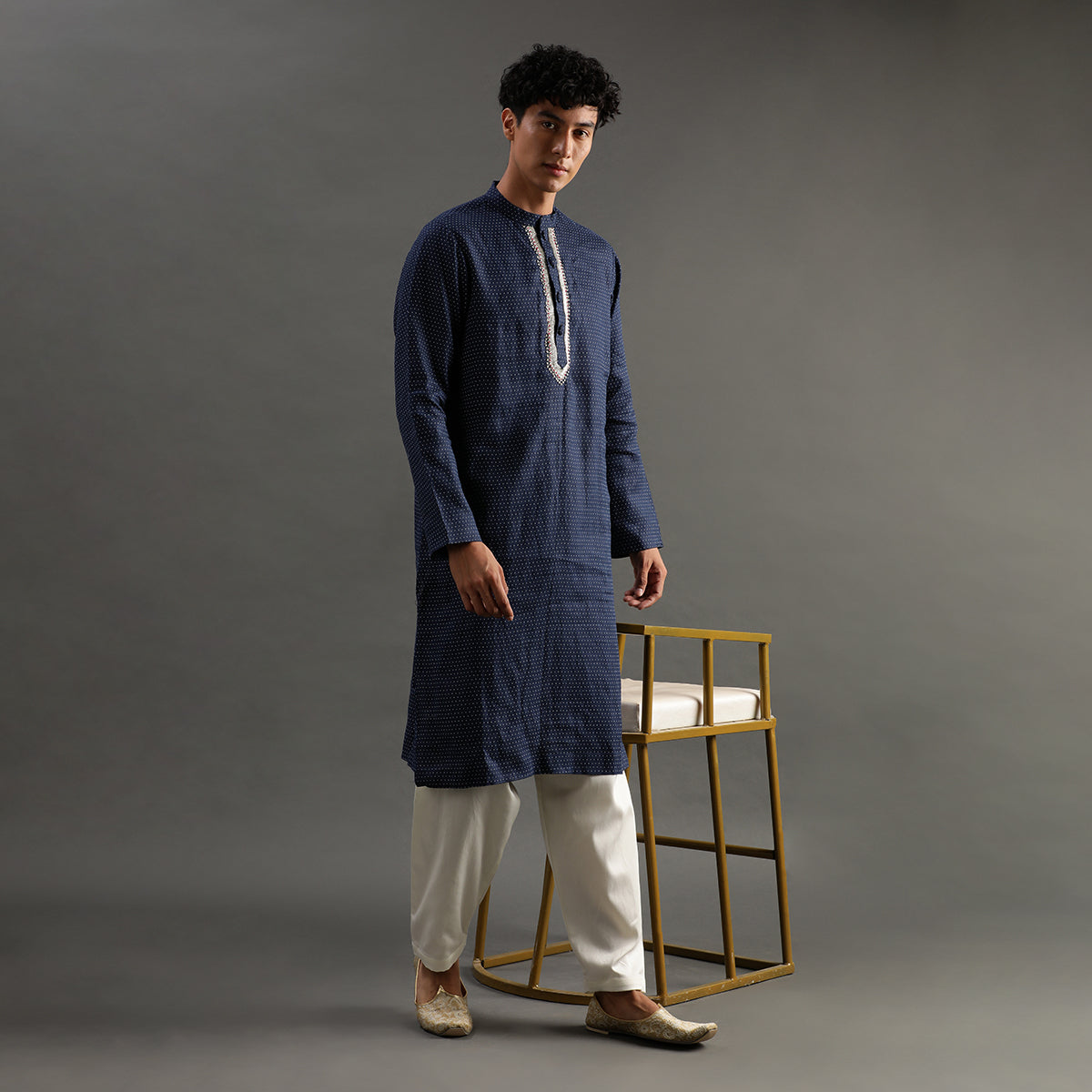 2Pcs Polka Dot Navy Linen Kurta Set