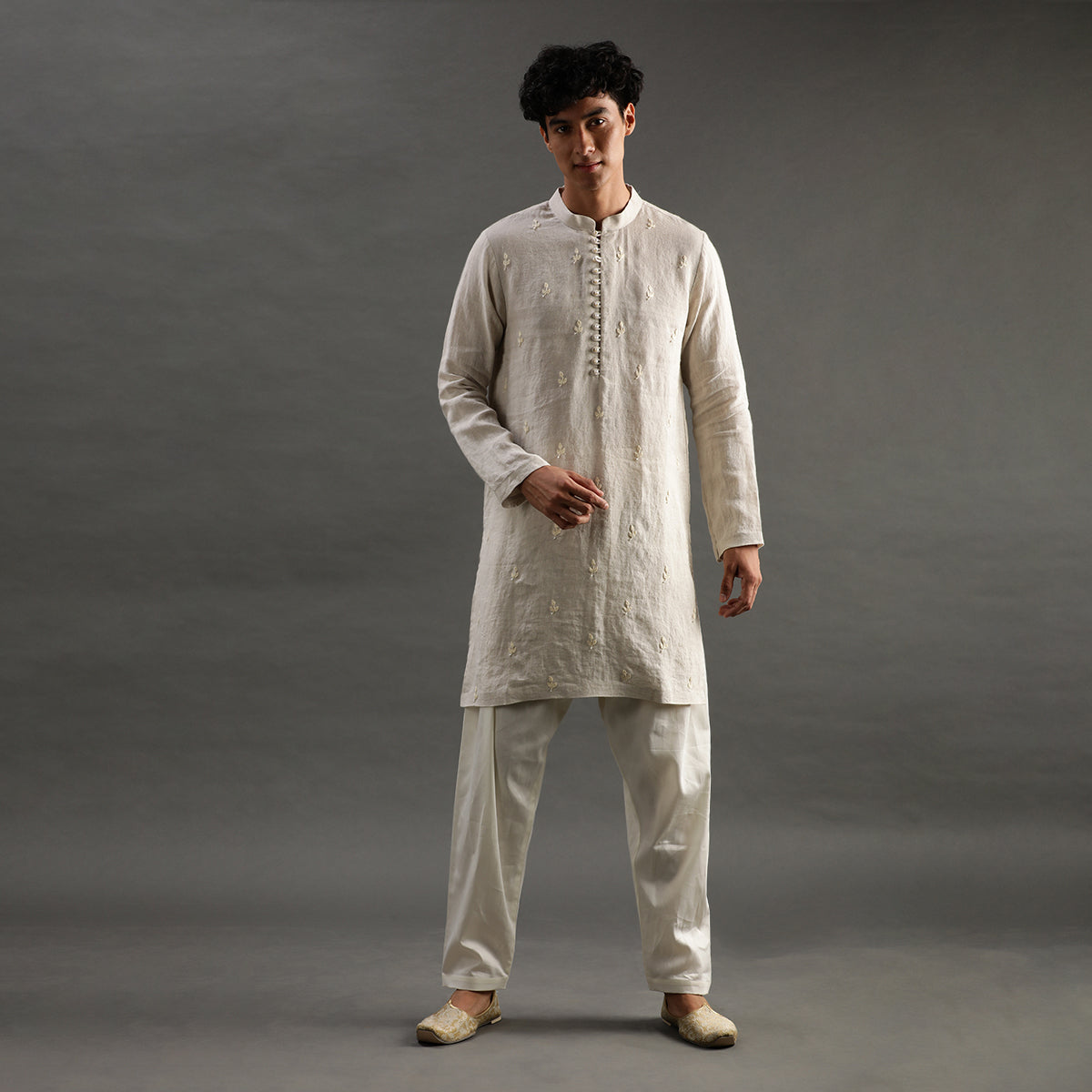 2Pcs Beige Linen Kurta with Hand Embroidery Set