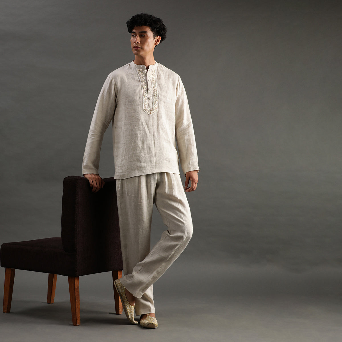 2Pcs Beige Linen Short Kurta Set