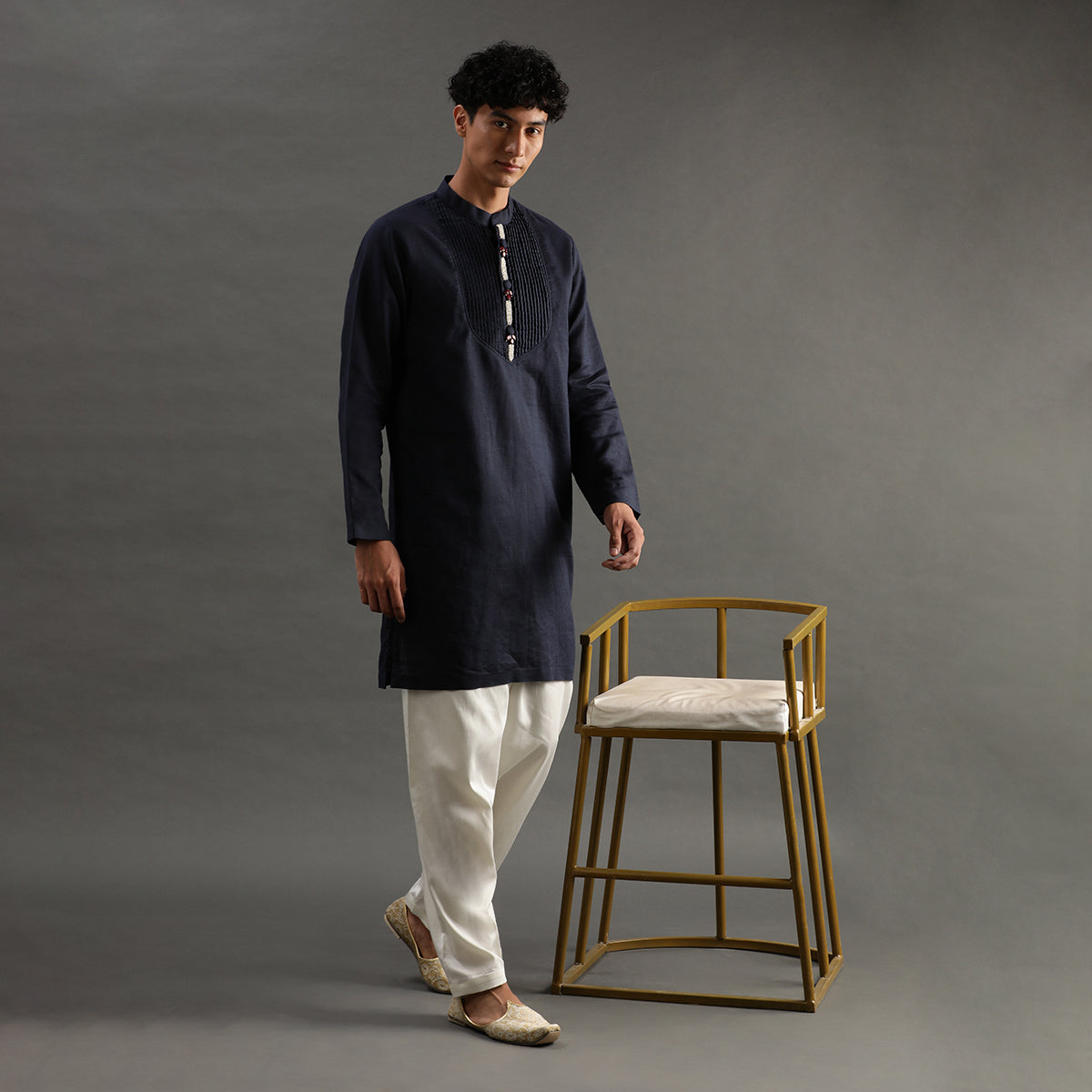 2Pcs Navy Linen Kurta Set