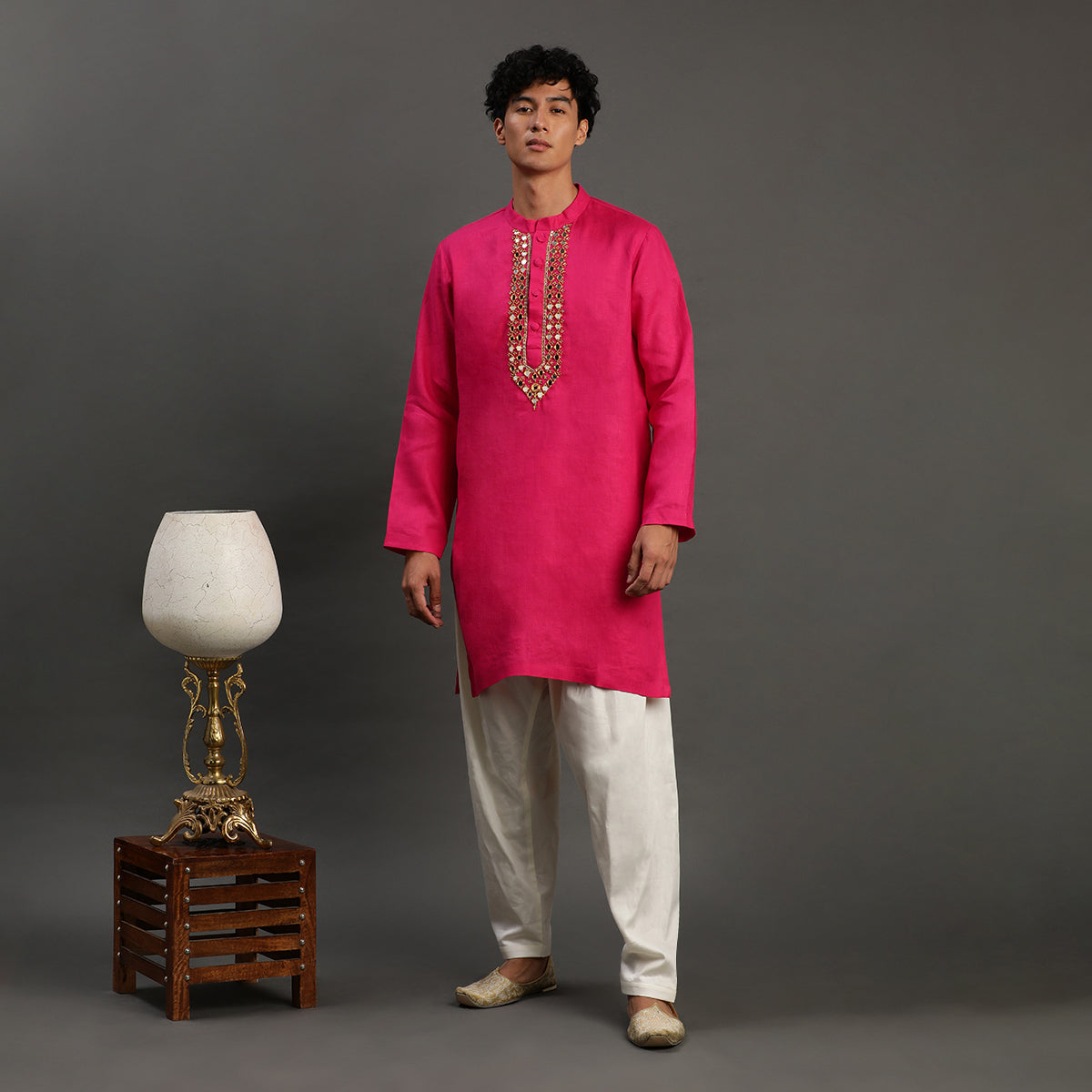 2Pcs Fuschia Linen Kurta Set