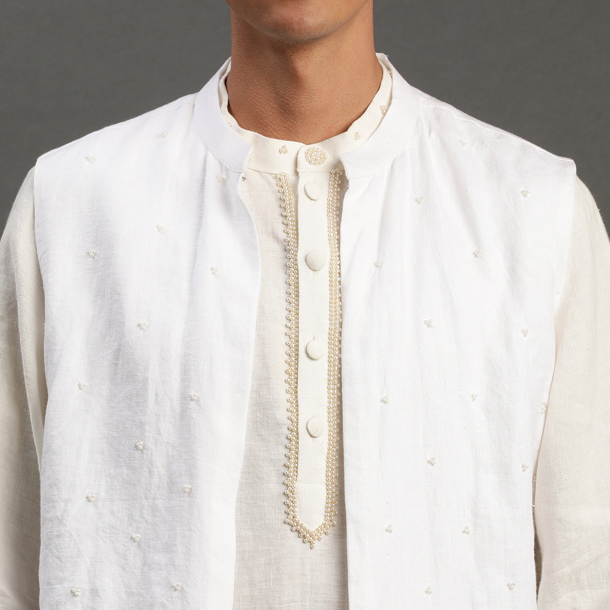 3Pcs White Linen Pearl Embroidery Kurta Set