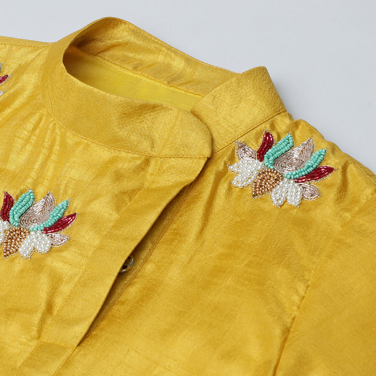 BYB PREMIUM MUSTARD YELLOW BOYS MULTI COLOR LOTUS EMBROIDERY SILK KURTA PYJAMA