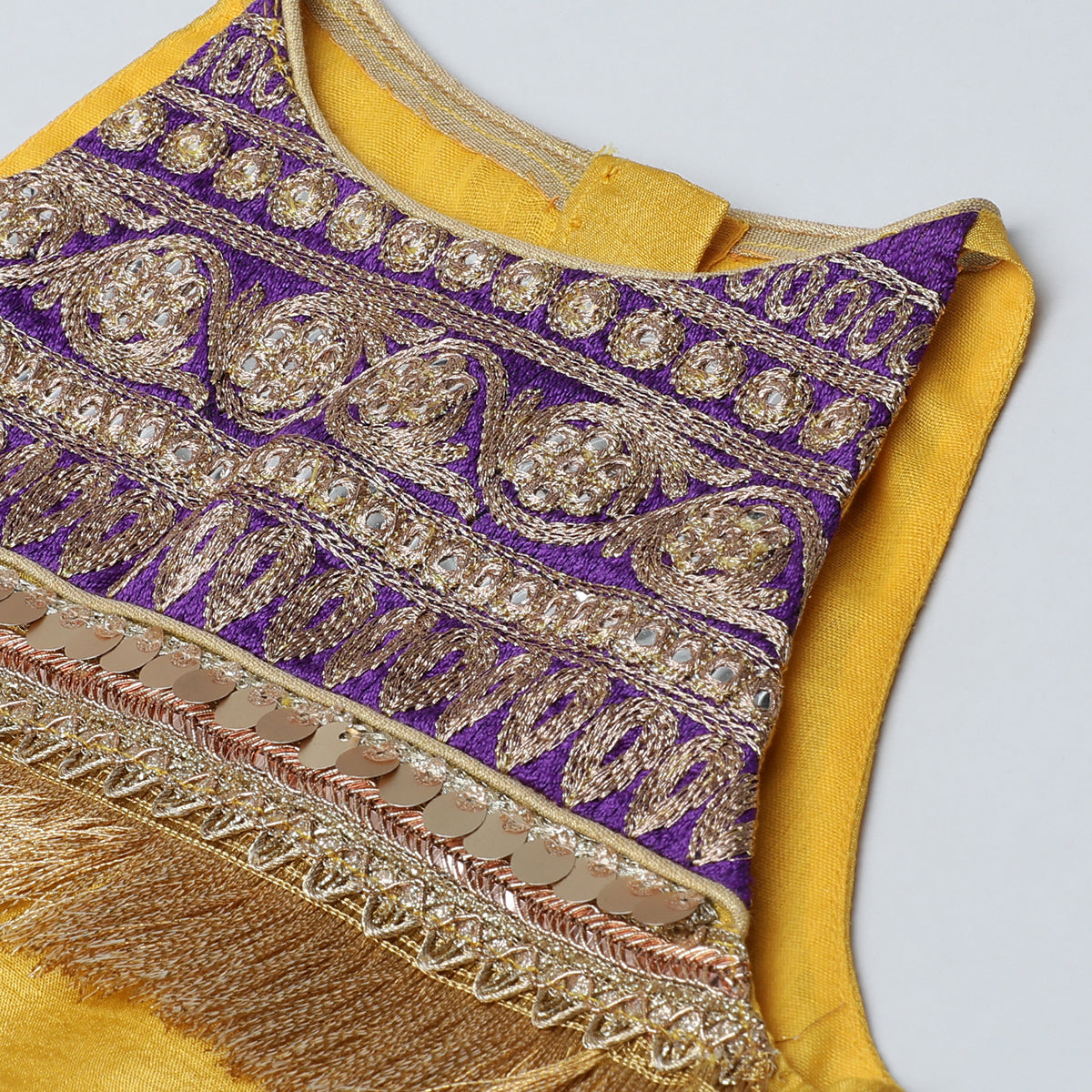 BYB PREMIUM YELLOW AND PURPLE GIRLS EMBROIDERED LACE WORK SILK LEHENGA CHOLI DUPATTA