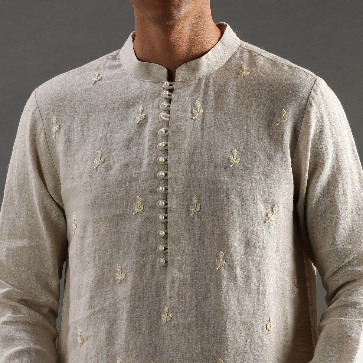 2Pcs Beige Linen Kurta with Hand Embroidery Set