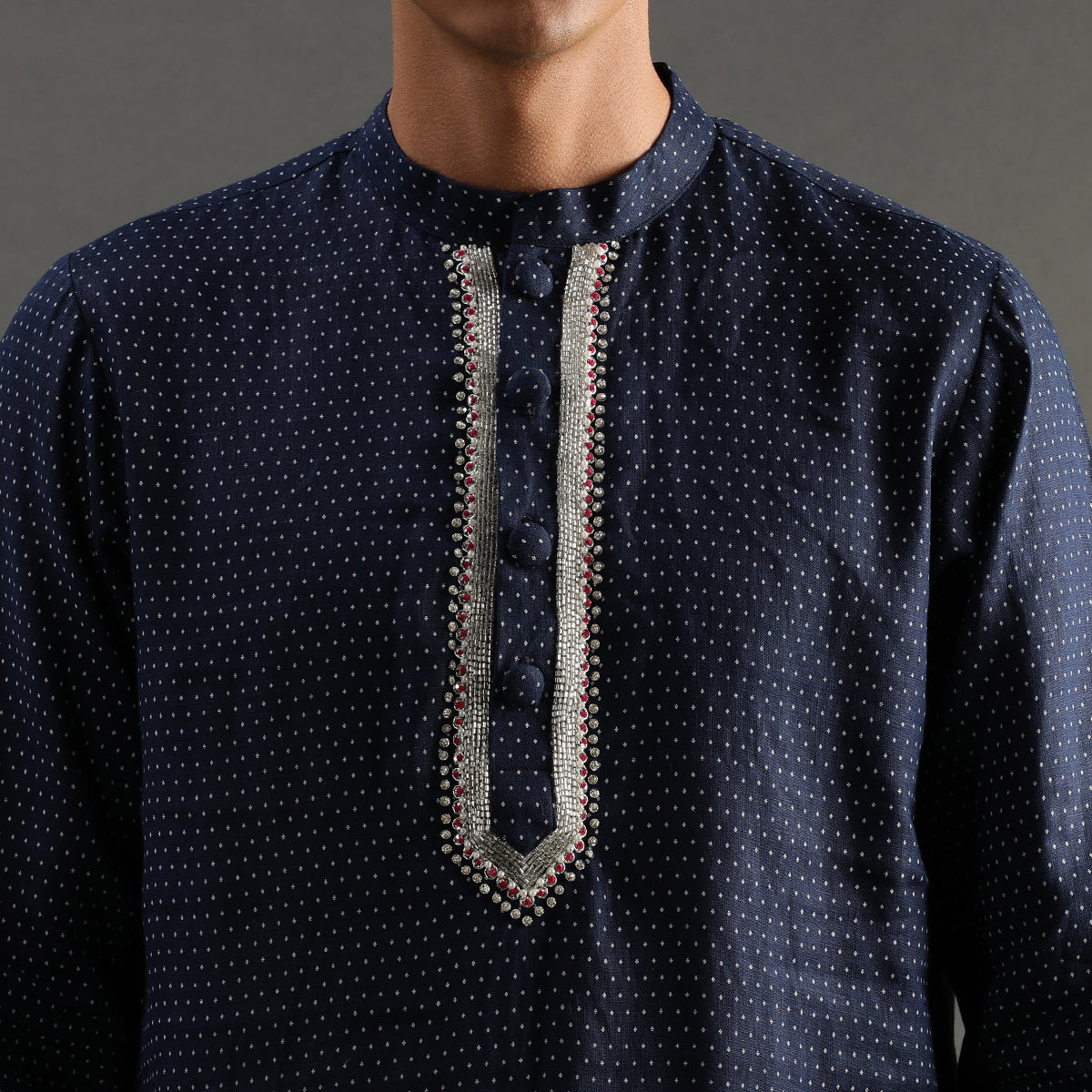 2Pcs Polka Dot Navy Linen Kurta Set