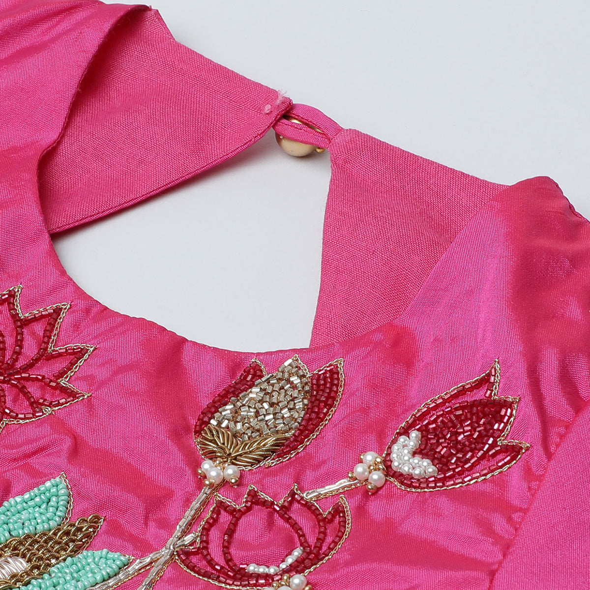 BYB PREMIUM PINK GIRLS LOTUS HAND PEARL AND BEADS EMBROIDERY BANGLORE SILK  THREE TIRED SKIRT AND TOP