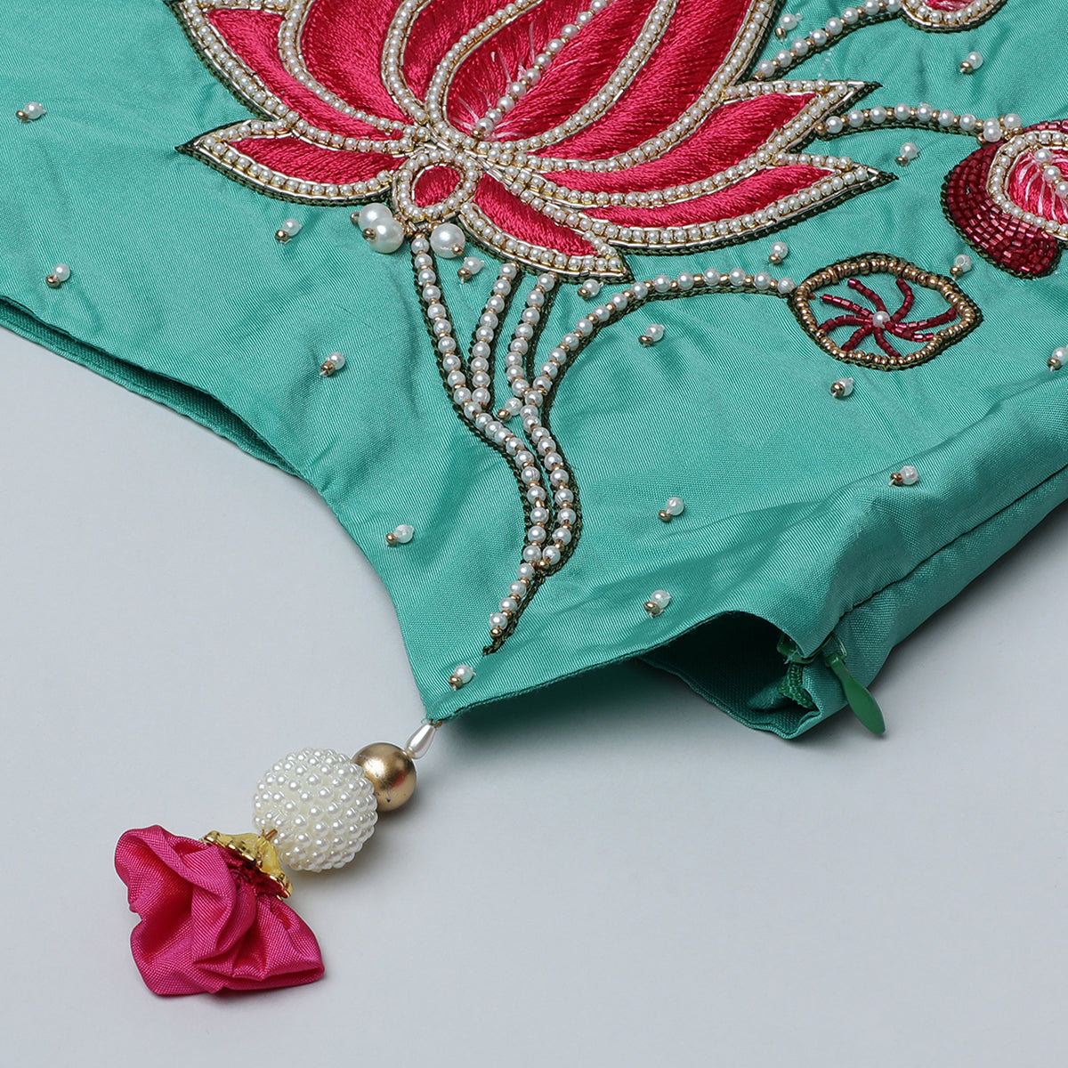 BYB PREMIUM GREEN AND PINK GIRLS LOTUS HAND PEARL AND BEADS EMBROIDERY BANGLORE SILK AND ORGANZA SKIRT AND TOP