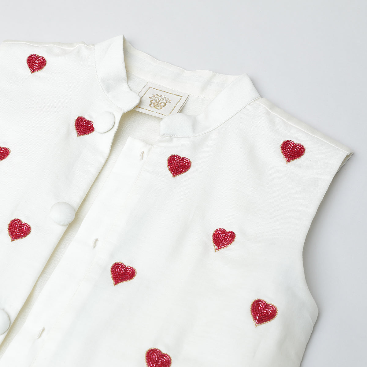 BYB PREMIUM WHITE AND RED BOYS HEART OR LOVE SHAPE BEADED EMBROIDERY PURE COTTON KURTA PYJAMA WITH JACKET