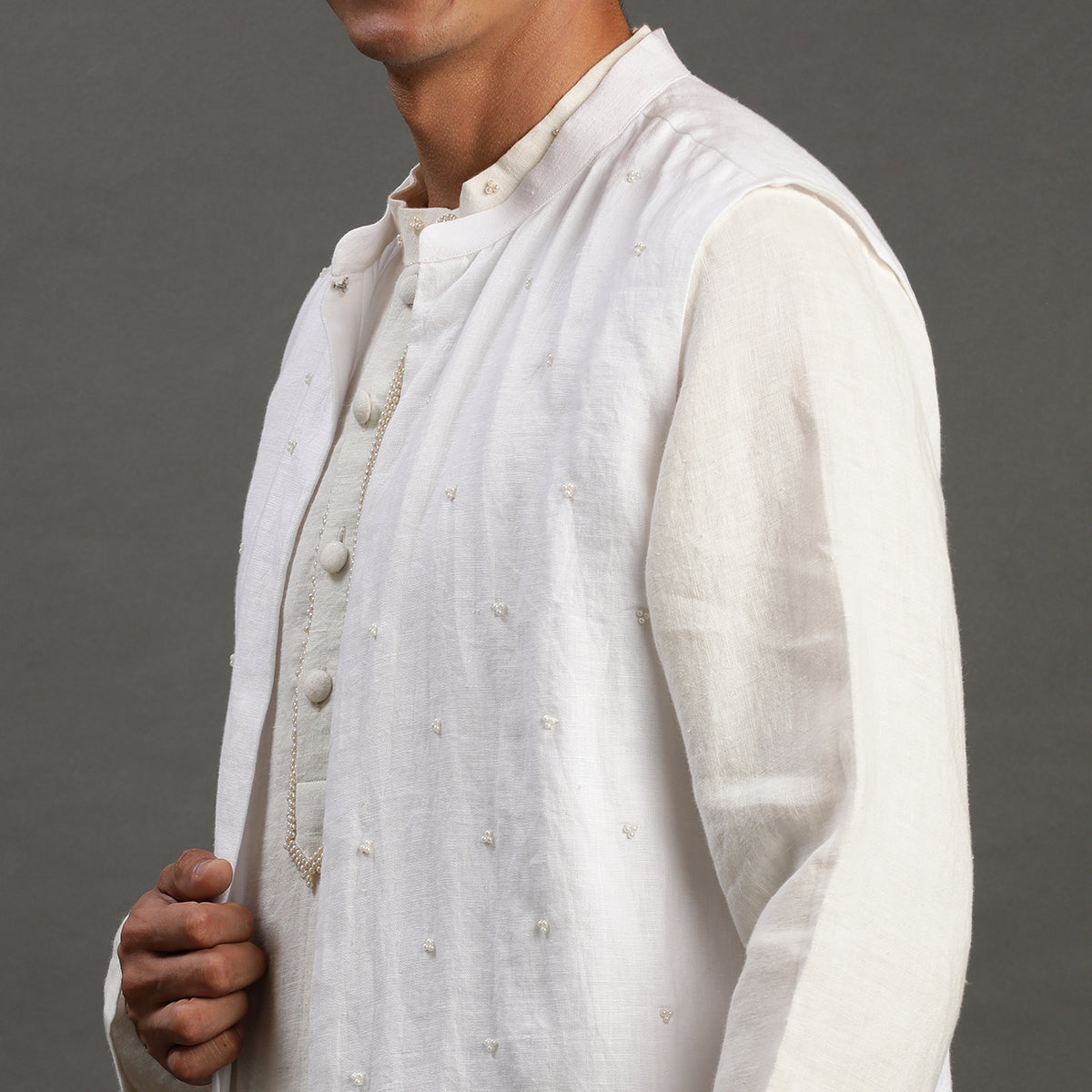 3Pcs White Linen Pearl Embroidery Kurta Set