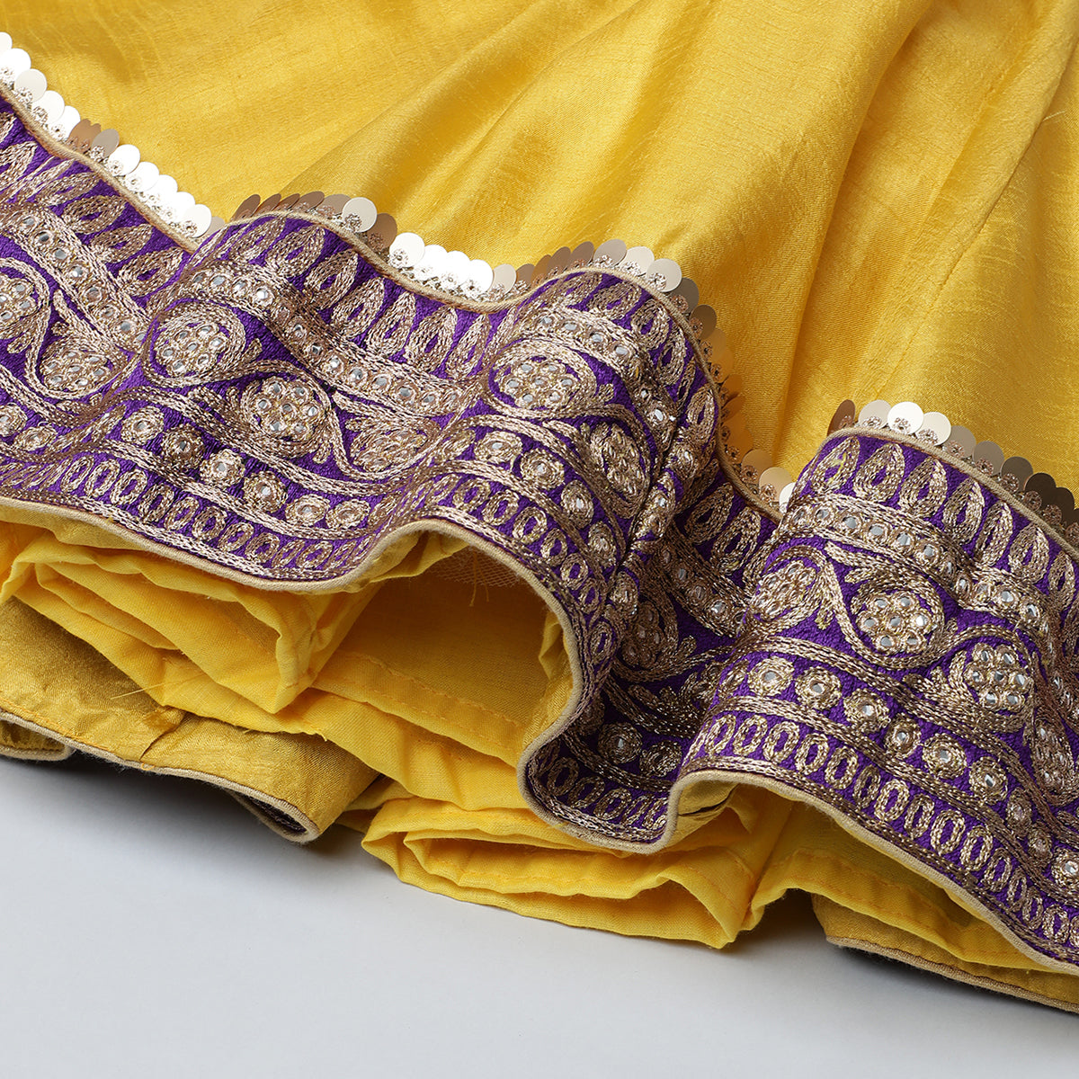 BYB PREMIUM YELLOW AND PURPLE GIRLS EMBROIDERED LACE WORK SILK LEHENGA CHOLI DUPATTA