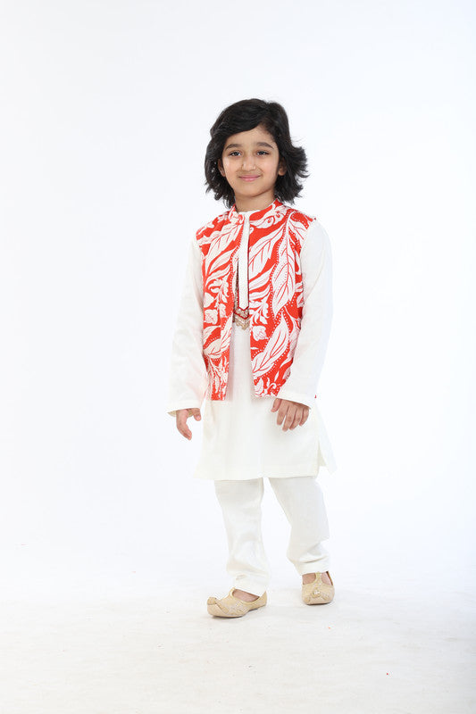 3Pcs White Linen Kurta Set with Waistcoat