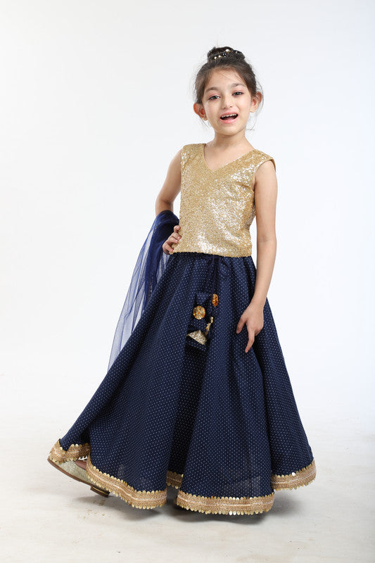 3Pcs Navy Blue Polka Dot Lehenga Set