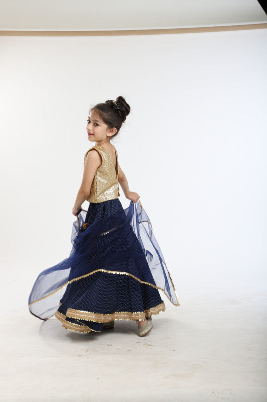 3Pcs Navy Blue Polka Dot Lehenga Set