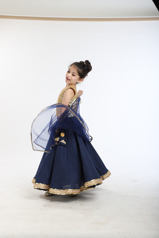 3Pcs Navy Blue Polka Dot Lehenga Set