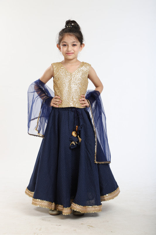 3Pcs Navy Blue Polka Dot Lehenga Set