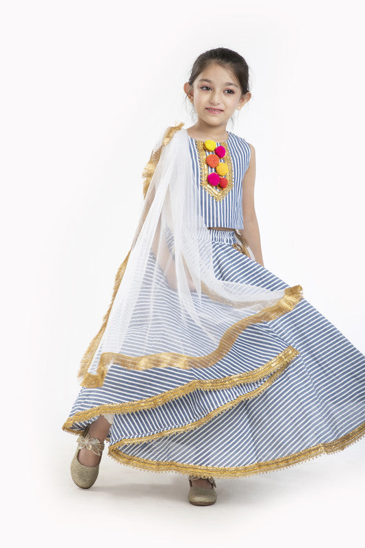 3Pcs White and Blue Stripe Lehenga Set