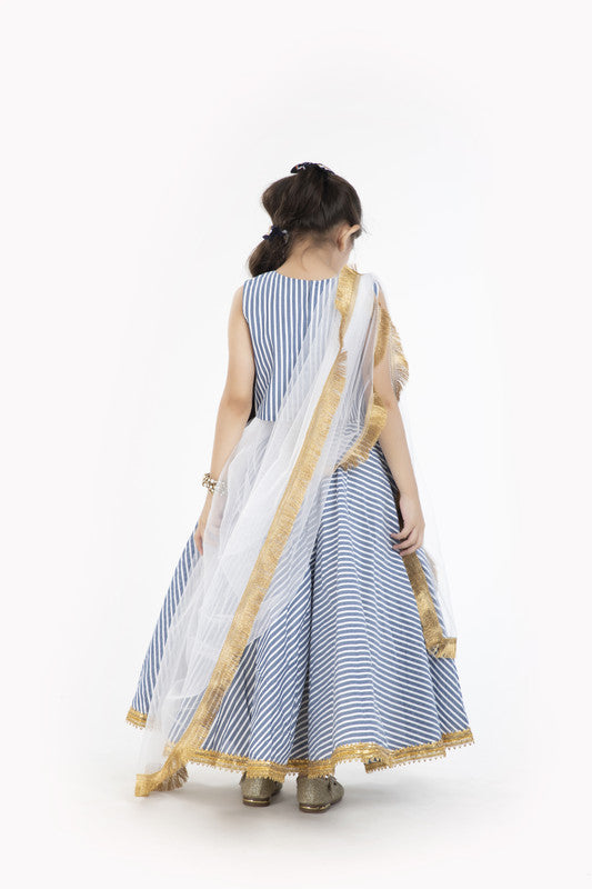 3Pcs White and Blue Stripe Lehenga Set