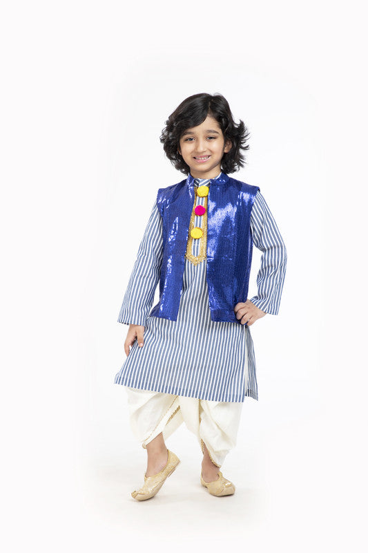 3Pcs Blue Stripe Kurta Set with Waistcoat