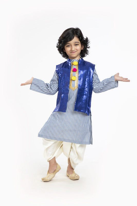 3Pcs Blue Stripe Kurta Set with Waistcoat