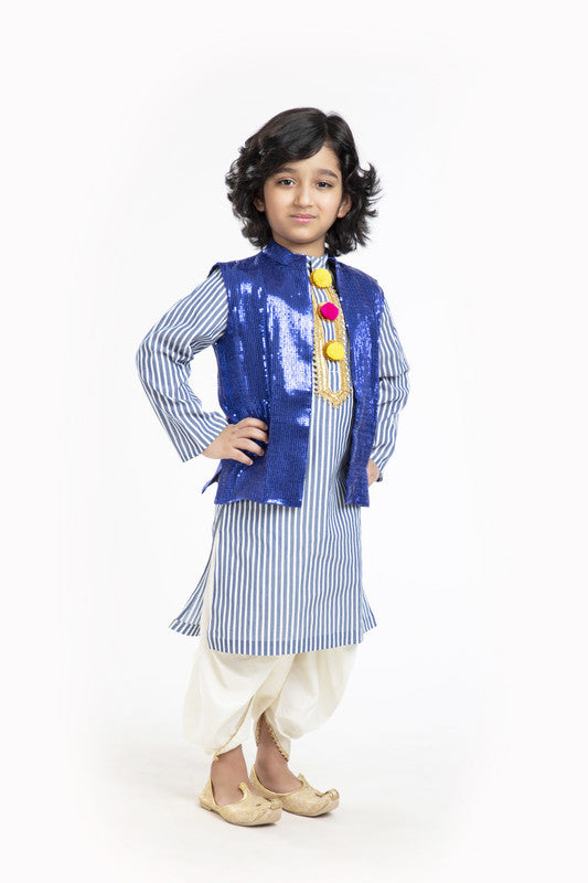 3Pcs Blue Stripe Kurta Set with Waistcoat