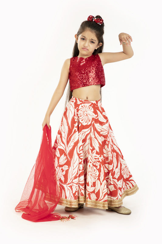 3Pcs Red Floral Lehenga Set