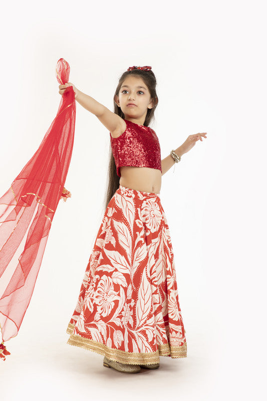 3Pcs Red Floral Lehenga Set