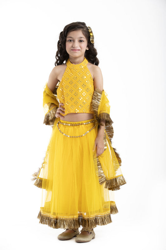 3Pcs Yellow Mirror Embroided Lehenga Set