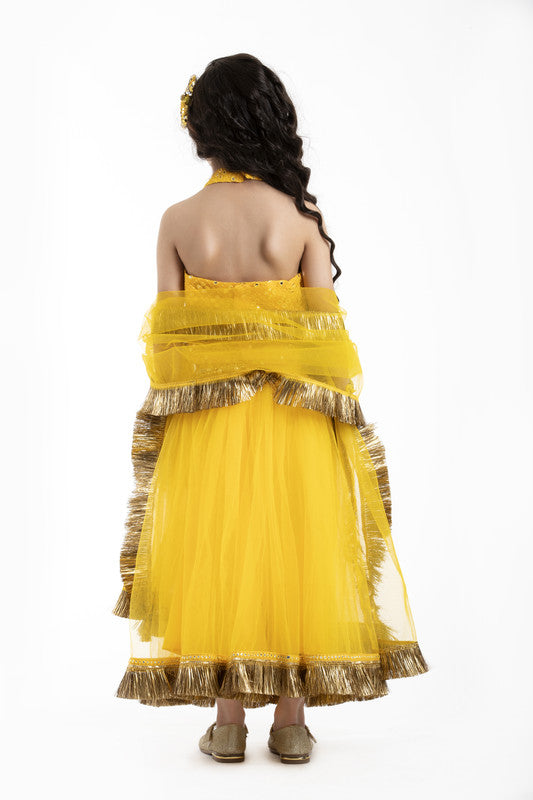 3Pcs Yellow Mirror Embroided Lehenga Set