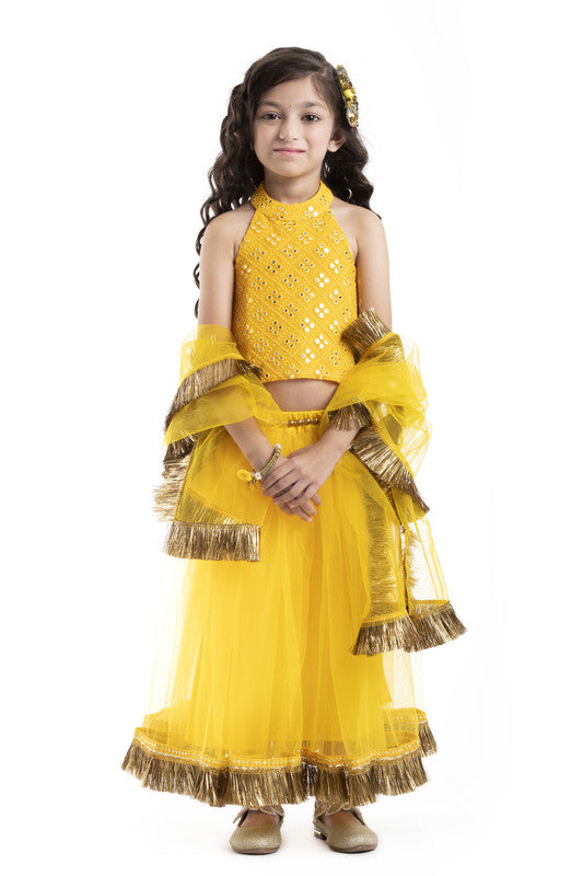 3Pcs Yellow Mirror Embroided Lehenga Set