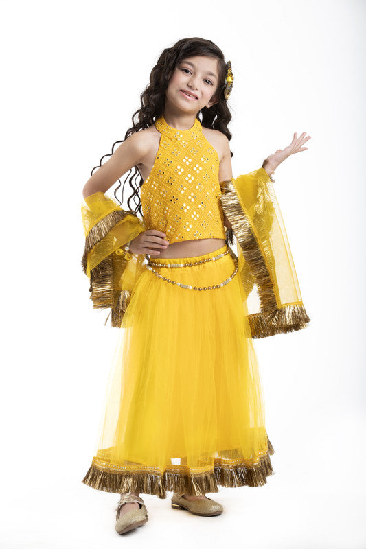 3Pcs Yellow Mirror Embroided Lehenga Set