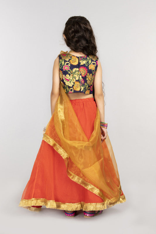 3Pcs Navy and Orange Lehenga Set