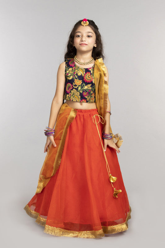 3Pcs Navy and Orange Lehenga Set