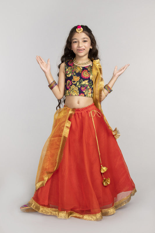 3Pcs Navy and Orange Lehenga Set