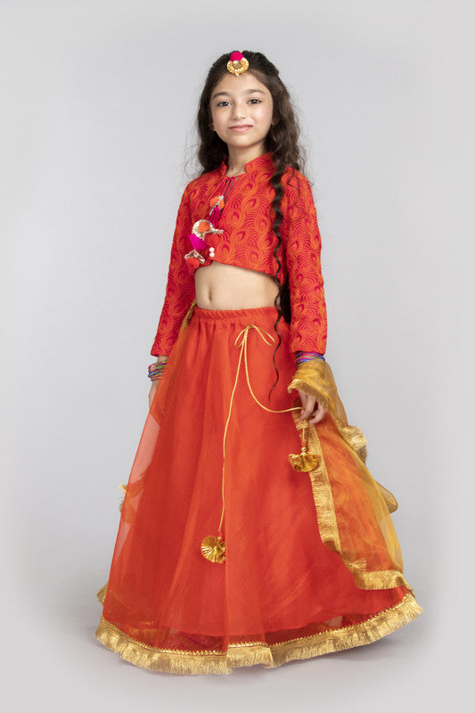 3Pcs Orange Lehenga Set with Gold Dupatta