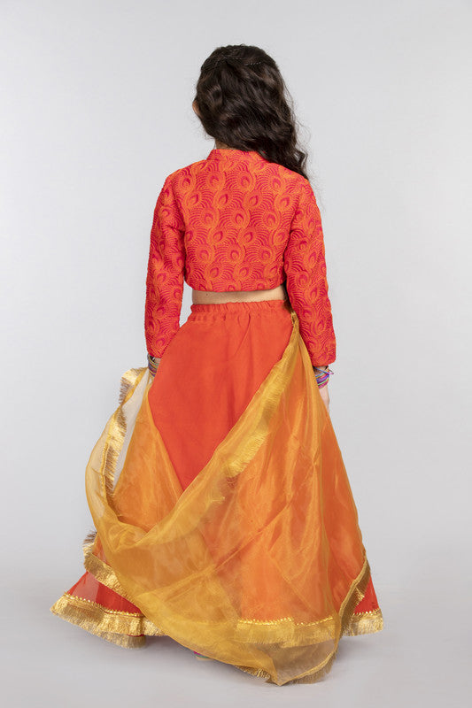 3Pcs Orange Lehenga Set with Gold Dupatta