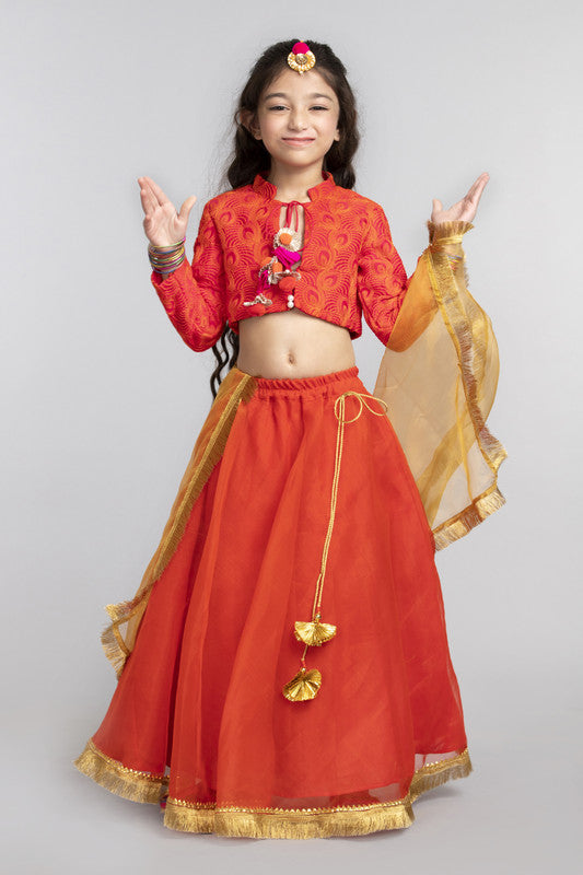 3Pcs Orange Lehenga Set with Gold Dupatta