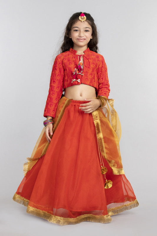 3Pcs Orange Lehenga Set with Gold Dupatta