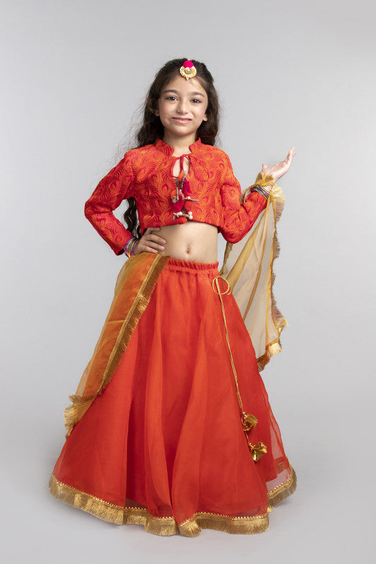 3Pcs Orange Lehenga Set with Gold Dupatta