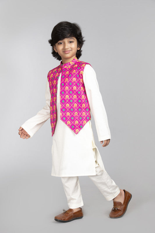 3Pcs Ivory Kurta Set with Pink Waist Coat