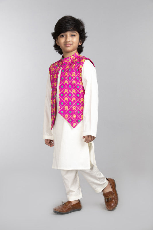 3Pcs Ivory Kurta Set with Pink Waist Coat