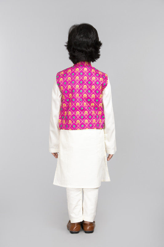 3Pcs Ivory Kurta Set with Pink Waist Coat